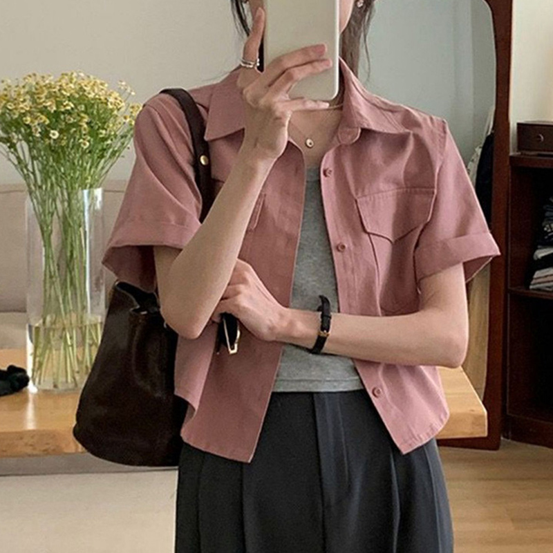 Koreanske kortærmede lyserøde skjorter til kvinder sommer løs knappet cropped frakke dame vintage enkel all-match bluse dame