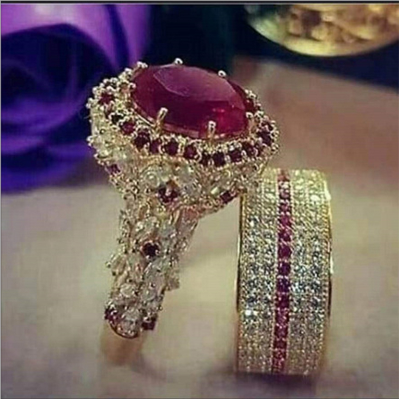 Conjunto de anillos de princesa de lujo para mujer, anillos elegantes de boda con circonita cúbica, accesorios de joyería de boda para pareja: 5 / Rojo rosado