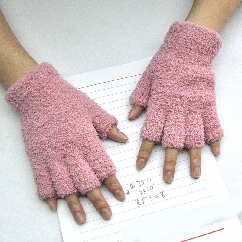 Guantes de punto de lana de Coral para adultos, manoplas de medio dedo para hombres y mujeres, guantes sin dedos para escribir: pink