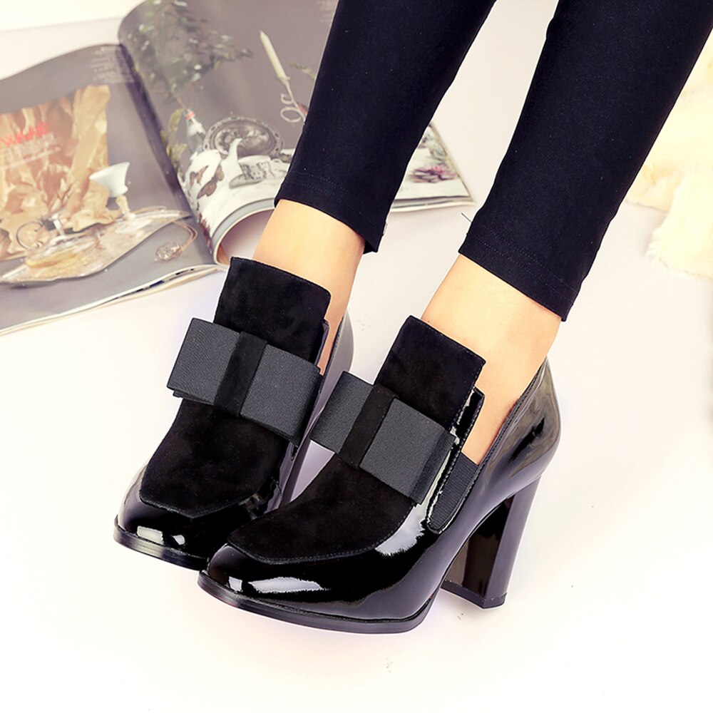 Escarpins femme noeud papillon bout carré cuir verni noir talons épais talon escarpins bottines chaussons chaussures en cuir verni