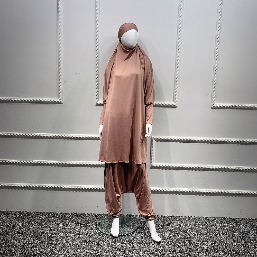 2 sztuka zestaw modlitwa odzież pełna pokrywa sukienka Abaya Eid Ramadan muzułmański islamski długi Khimar Jilbab szaty kobiety workowate spodnie haremki: Khaki
