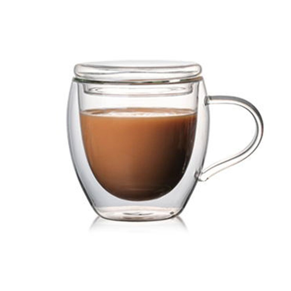 Double Wall Insulated Glasses Espresso Mugs High Temperature Resistant Thick Transparent Glass Cup AUG889: with lid 260ml