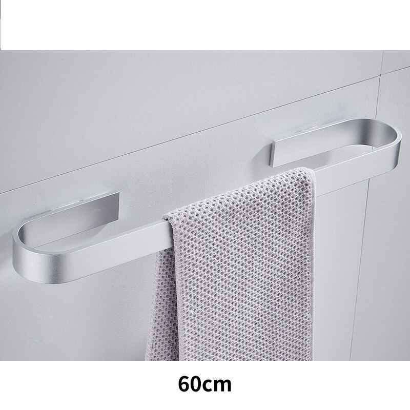 Solid plads aluminium sort håndklædestang enkelt håndklædestativ badeværelse mat sort vægmonteret håndklædeholder 30/40/50/60 cm: Sølv -60cm