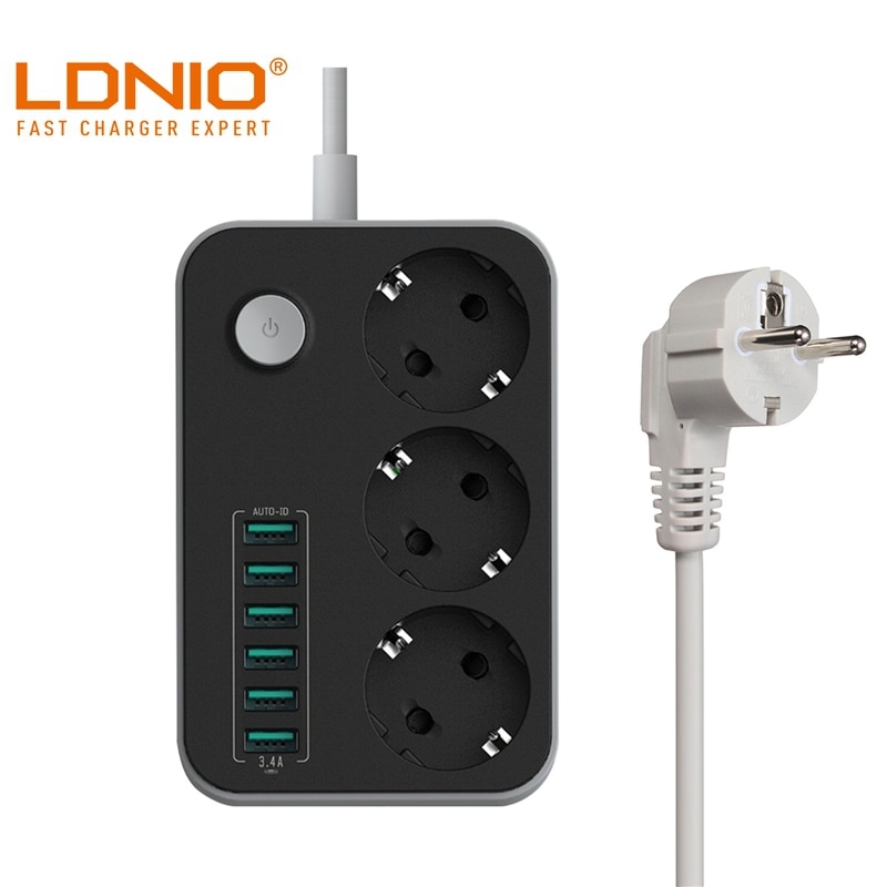 Ldnio Smart Usb Power Strip Opladen 6 Usb-poort 5V 3.4A Charger Adapters 3 Ac Power Socket Outlets Eu plug Extension Socket