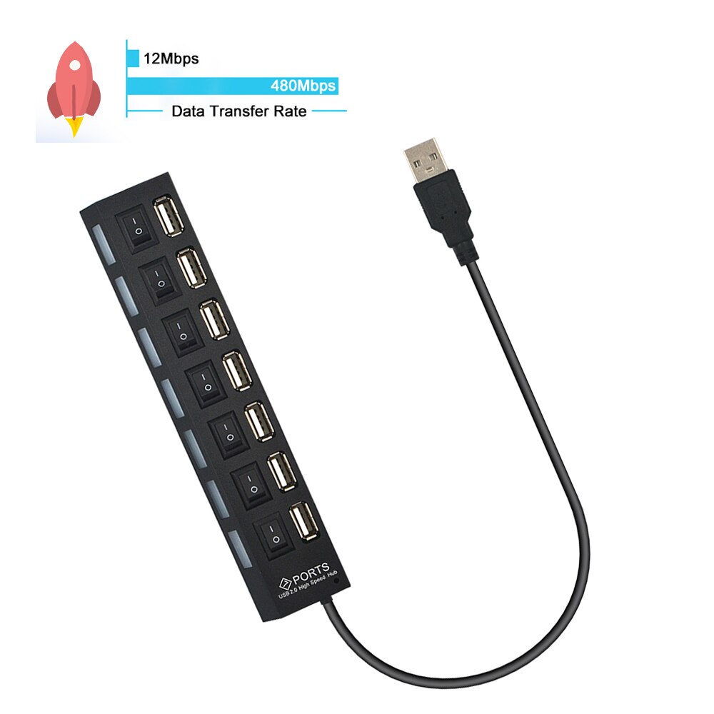 USB Charger Wall Socket Plug 2.0 HUB High Speed Power Cable LED Light Indicator ON/OFF Switch Adapter for PC Desktop Laptop