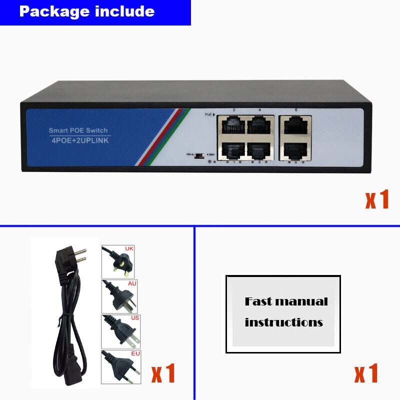 POE Switch 48V 4 Port with 2 Port Uplink Ethernet 78W Power 250M diatance IEEE 802.3 AF/AT for Network CCTV POE IP Cameras