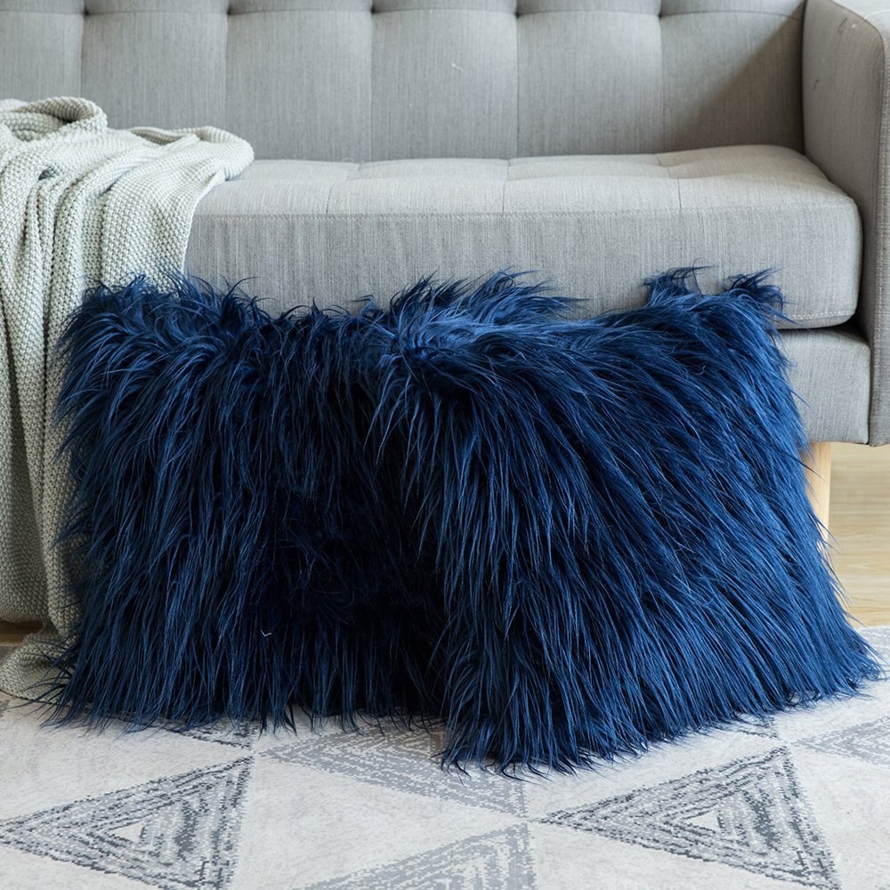 Artificial Wool Fur Sheepskin Cushion Cover Hairy Faux Plain Fluffy Soft Throw Pillowcase Washable Square Solid Pillow Case 45cm: Navy