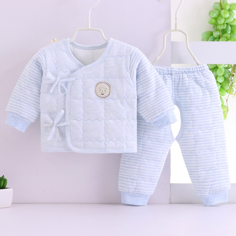 Autumn Winter Thicker Cotton Baby Clothes Long Warm Newborn Clothing Boys Girls Underwear 0-5 Months Kids Set Pajamas Sleepwear: Open crotch Blue / 0 to 2 Months