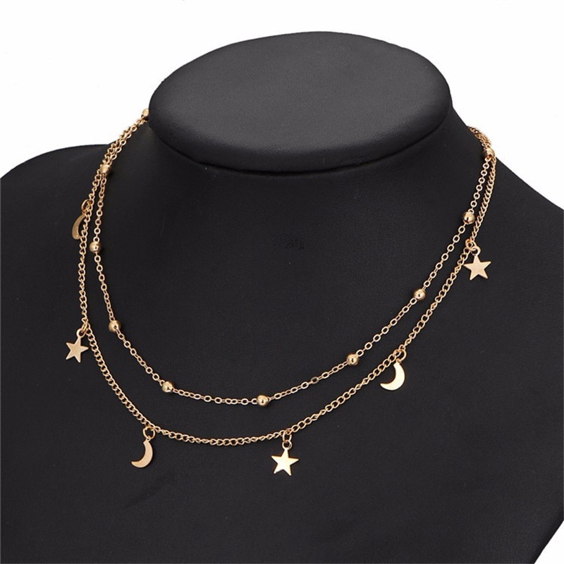 Nueva joyería de para mujer y niña, Gargantilla de 2 capas con forma de luna y estrella, collar con cadena para el cuello, collares con colgante para clavícula,