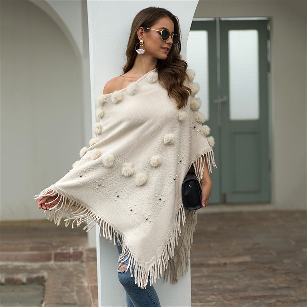 Cape Poncho pour femmes, col rond, avec pompon tricoté, Capes solides, manteau , Cape, châle, automne