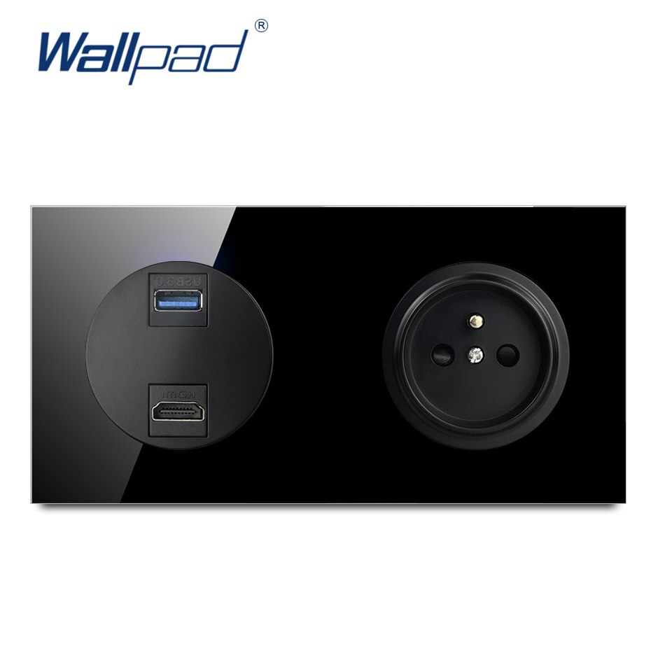 Wallpad French Wall Socket Power Outlet With HDMI USB 3.0 Port Black Crystall Glass L6 Series