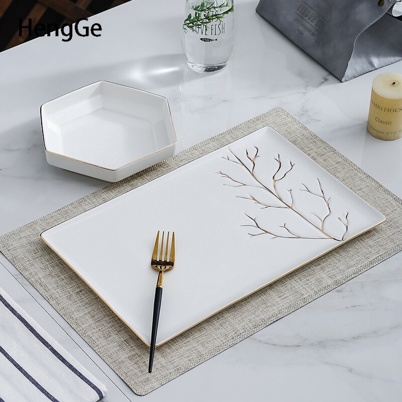 Creativity Golden Stroke Plates and Bowls Restaurant Hotel Salad Bowl Steak Spaghetti Dinner Plates Serving Tray Home Tableware