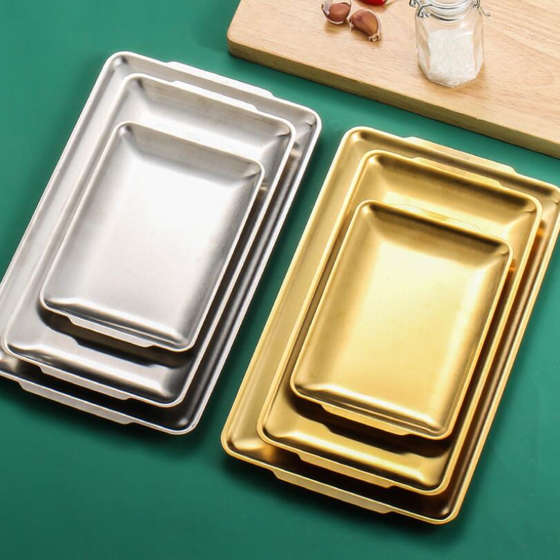 Rectangular Dinner Plate Golden Tray Barbecue Dish Snack Fruit Pan 304 Stainless Steel