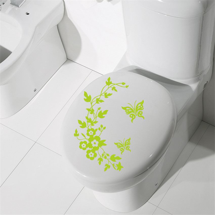 Pegatina de mariposa y flor para inodoro, pegatinas extraíbles de pared para habitación de niños, papel tapiz para decoración de inodoro, 1 ud.: light green