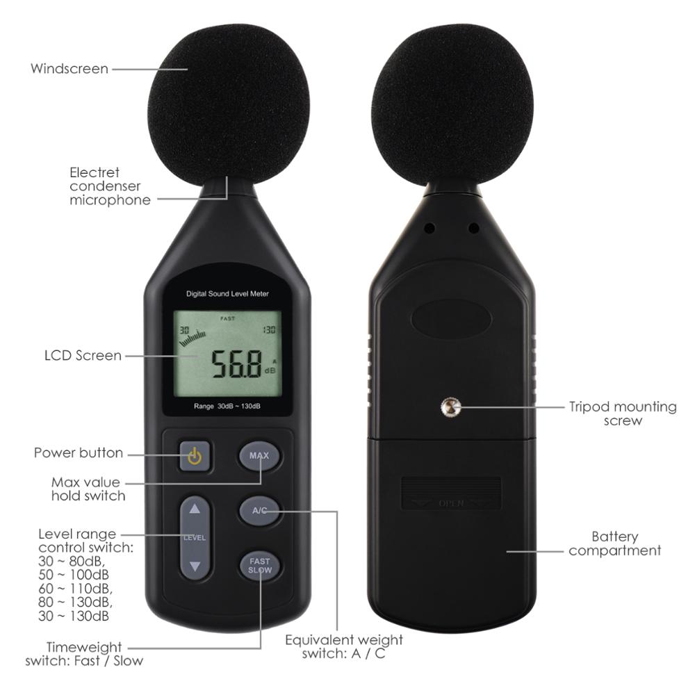 Digital Noise Level Meter Sound Tester 30~130dBA A / C Frequency Weighting Tool Pre-calibrated Volume Meter w/ Tripod Hole