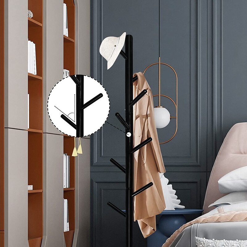 Wooden Coat Rack with Hooks, Free Standing Coat Tree Hanger Stand for Coats, Garment, Hats, in Bedroom