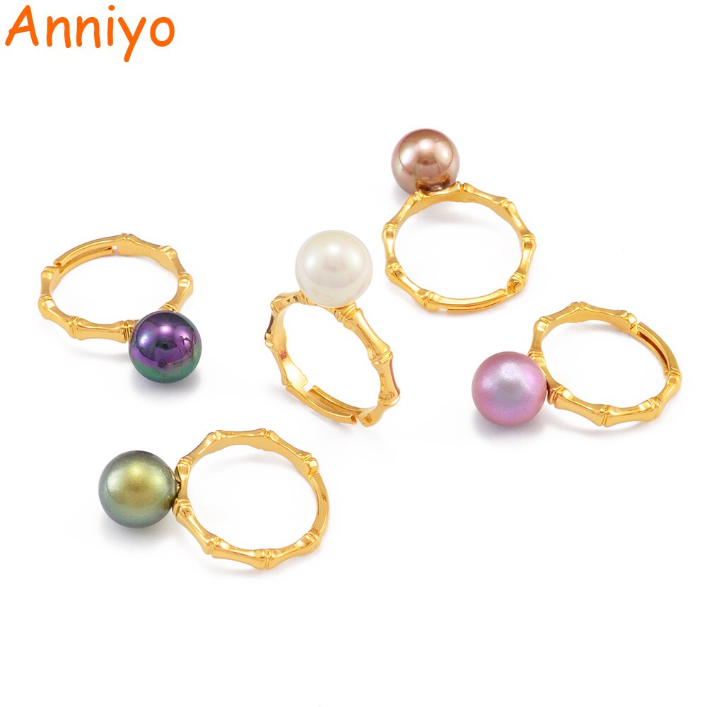 Anniyo Hawaiian Bamboo Pearl Ring for Women Girls Resizable Ring Birthday Wedding Party ,Guam African Luxury Jewelry #243006