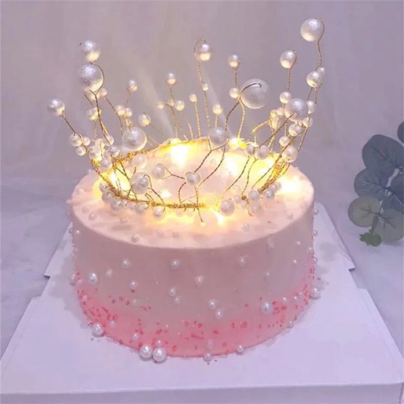 Metall pärla prinsessa crown cake topper konstgjorda pärlor huvudbonad bröllopstårta dekorera baby shower födelsedag topper handgjorda
