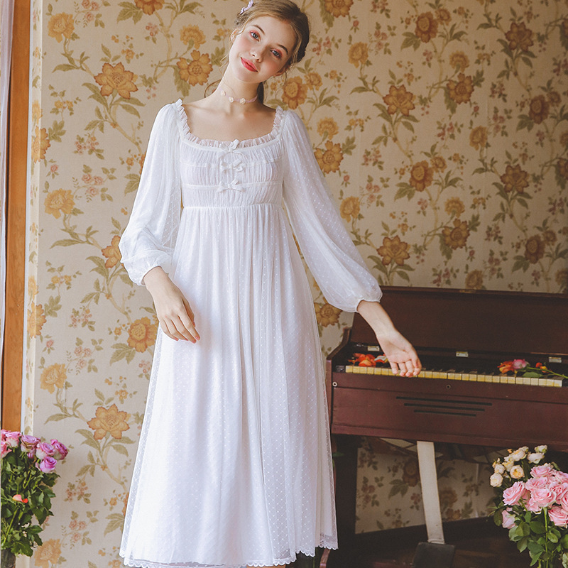 Women Nightgown White Lace Cotton Nightgowns Nightdress Woman Long Sleeve Sleepwear Dress