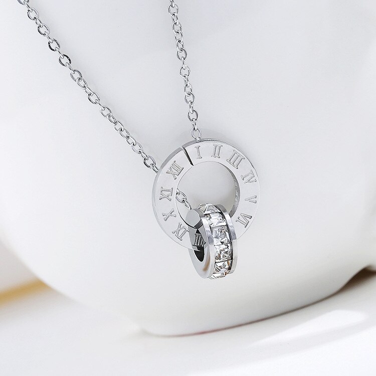 Estilo coreano jane sobre 18k ouro rosa titânio aço ornamento numerais romanos anel circular diamante conjunto colar feminino accessor