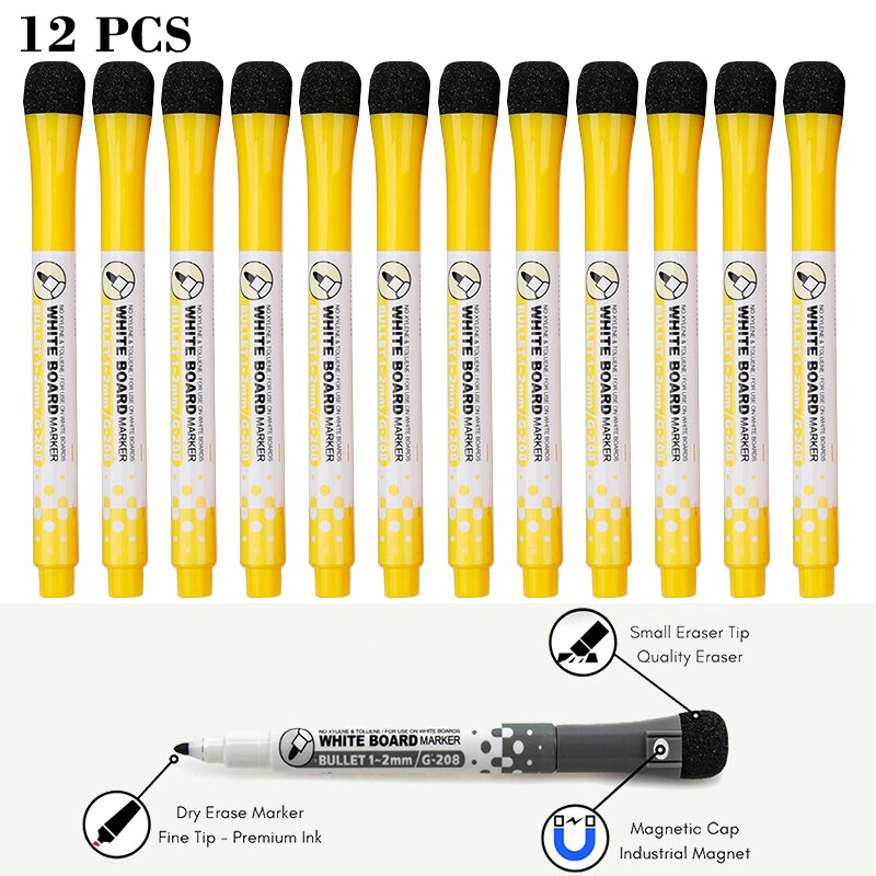 12 Pcs/lot Magnetic Dry Erase Whiteboard Markers Water 8 Colour Pen Black and White Office Supplies for Glass Ceramic Tile: 12Pcs-Yello