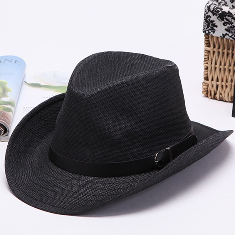 Men Straw Cowboy Hat Classic Western Cowboy Sun Hats for Summer Beach -OPK: Black
