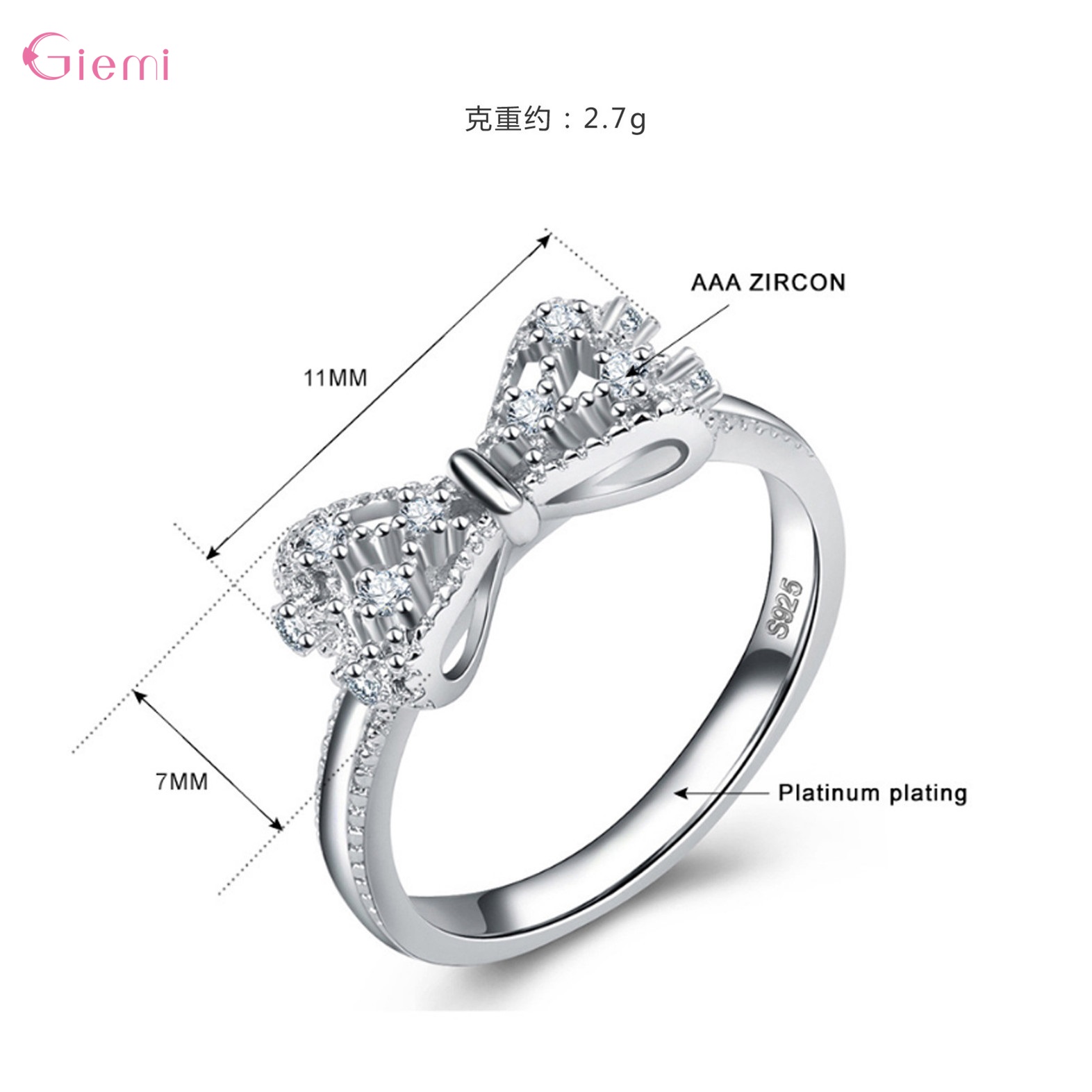 Anelli con strass in zirconi cubici con fiocco in argento sterling 925 per le donne Gioielli di fidanzamento di nozze alla moda