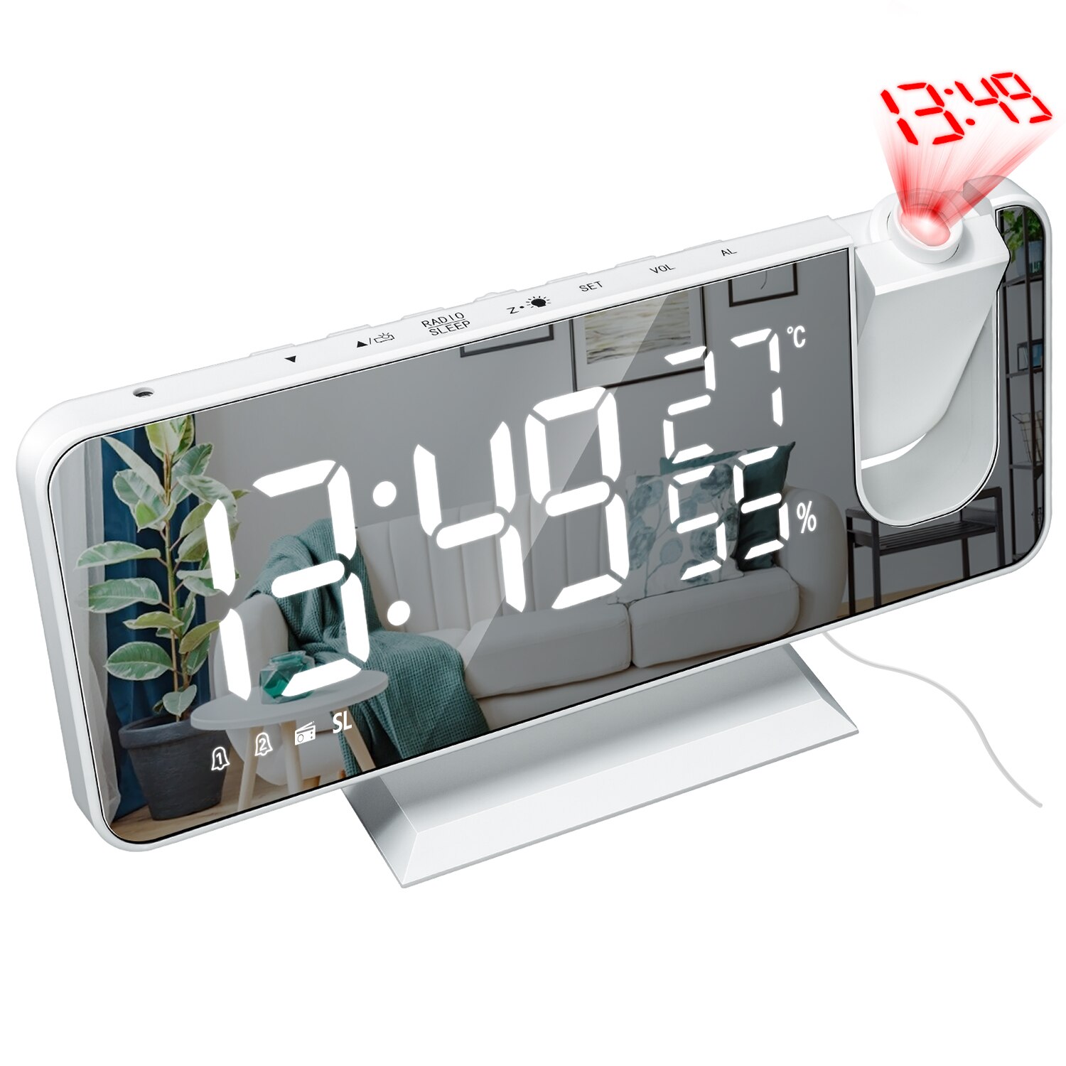 Reloj Digital de despertador con efecto espejo y luz LED para mesilla de noche y dormitorio, Despertador con USB, Radio FM, proyector de tiempo, reloj para mesilla de noche y dormitorio: A-white