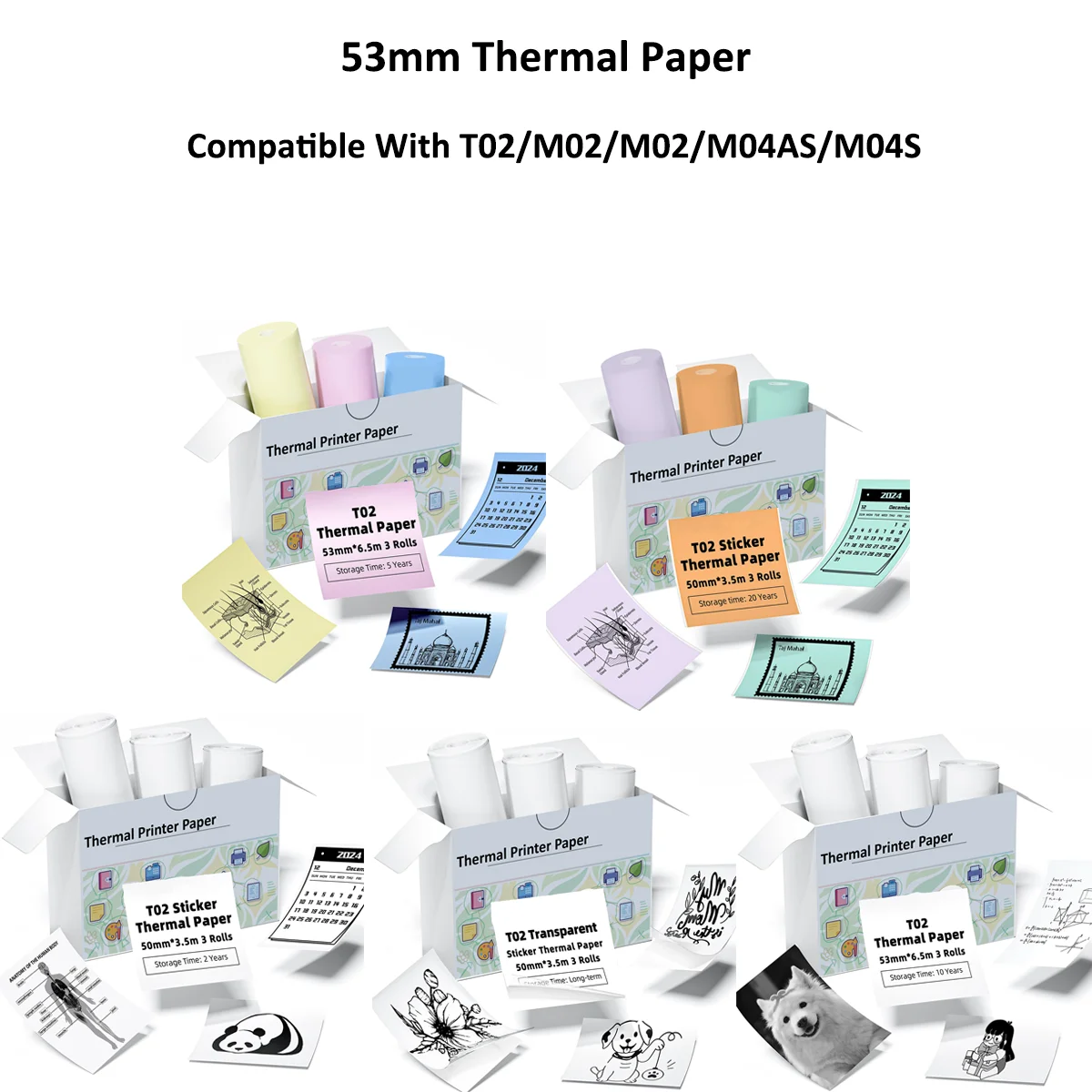 53 mm Thermopapier-Aufkleber für Phomemo/Memoking M02/T02/M04wie/M04S Mini-Drucker für Tagebuch-Foto-Textnotizen