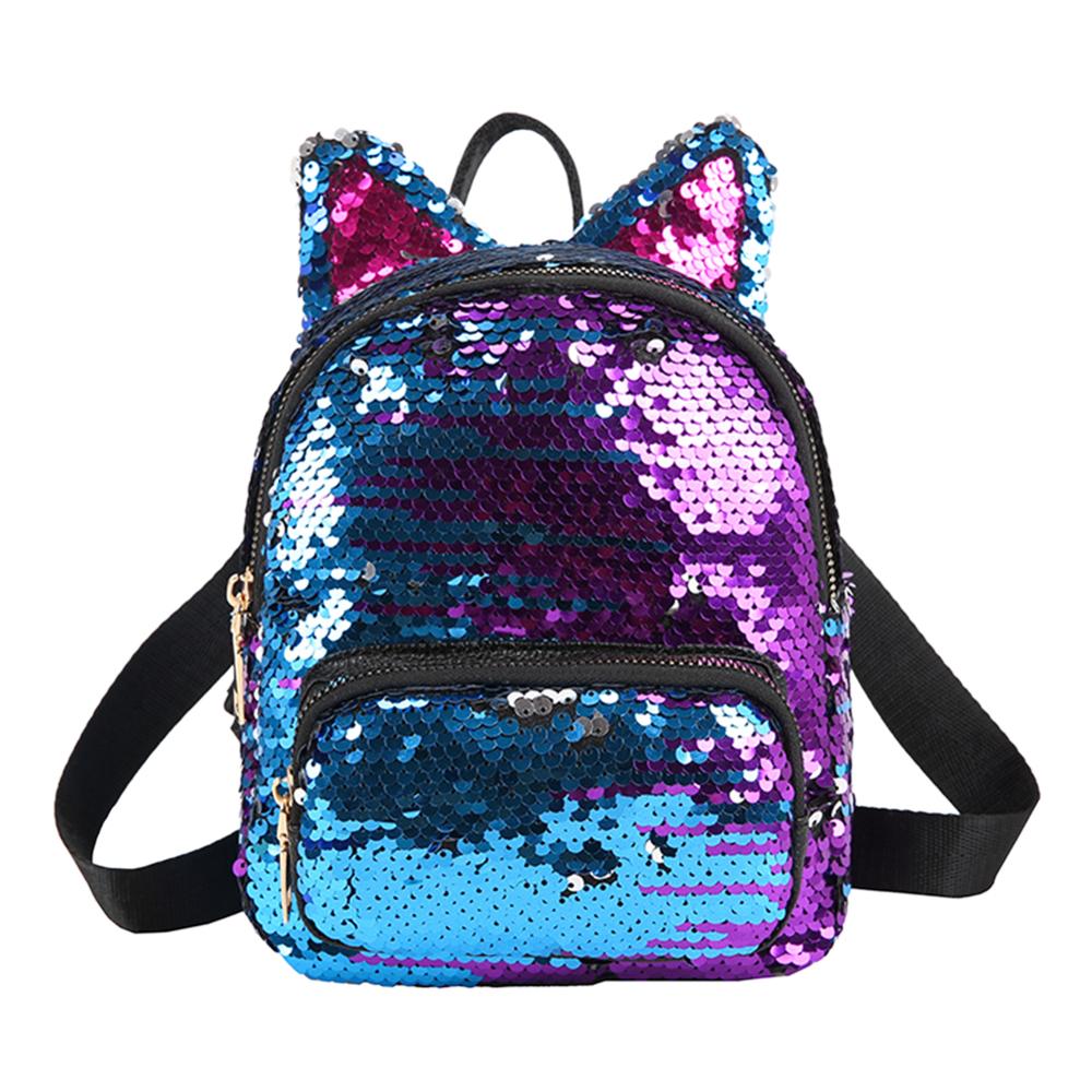 Mochila de lentejuelas con orejas de gato para chicas, bolso escolar de viaje, con cremallera