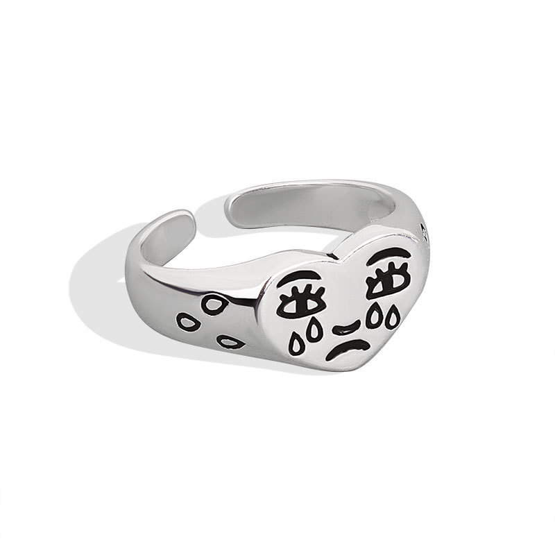 CIAXY, anillos de cara llorando de Color plateado para mujer, expresión de lágrimas tristes, anillo abierto de corazón de amor Retro, joyería superventas