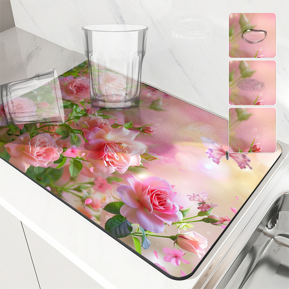 Große Küche Saugfähige matt Blumen Rosen Rutschfeste Ablassen Kaffee Erzähler Trocknen matt Schnelle Badezimmer Ablauf Pad Geschirr matt: S / verrotten