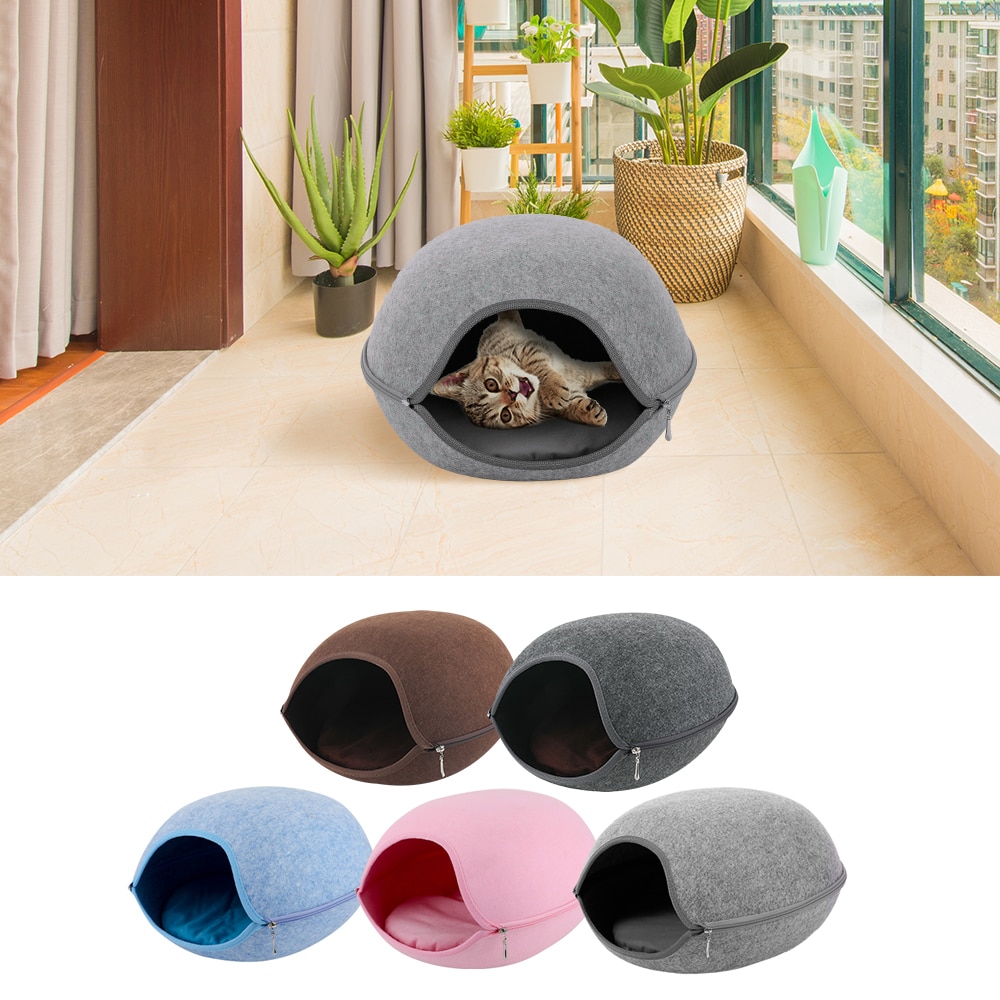 Feutre naturel grotte pour animaux de compagnie pour chat gris/bleu/rose maison pour animaux de compagnie chat lit maison avec coussin fermeture éclair animaux produit toutes les saisons