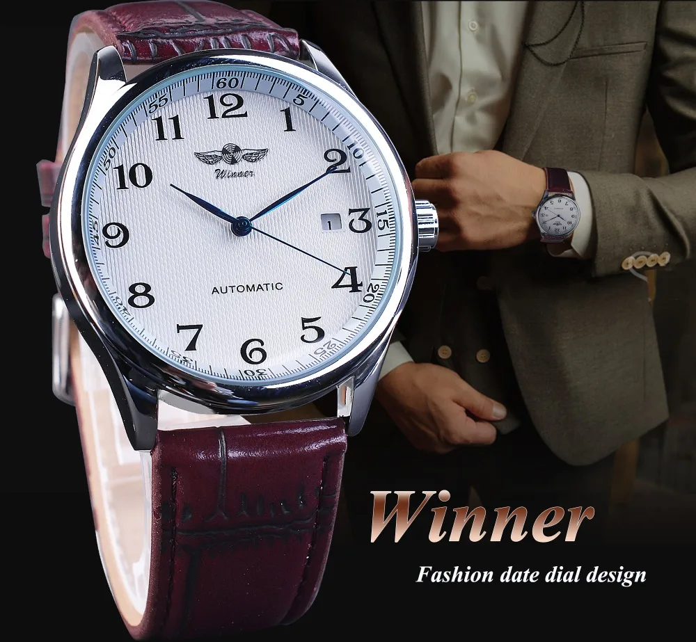 Winnaar Retro Klassiek Kalender Casual Riem Blauwe Handen Herenmode Automatische Mechanische Horloges Topmerk Luxe Relogios