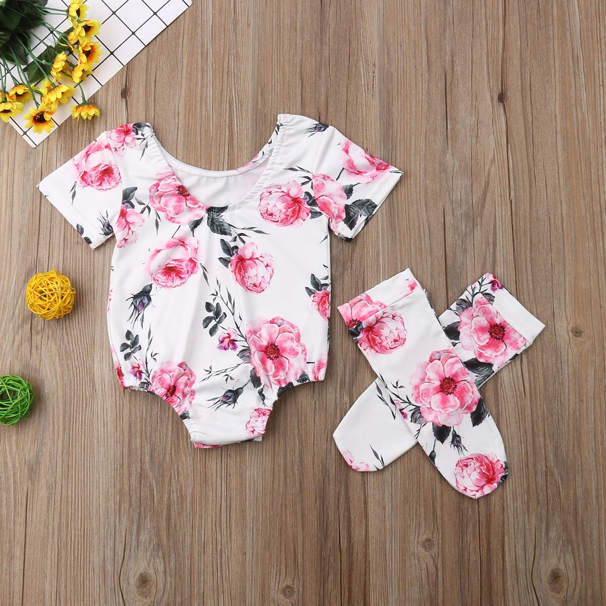 Brand Newborn Infant Kids Baby Girl Boy Clothes Sets Bodysuits 2PCS Short Sleeve Floral Print Jumpsuits+Long Stockings