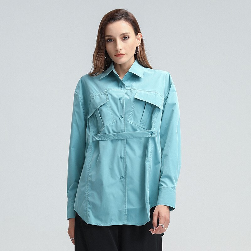 TWOTWINSTYLE Casual Loose Shirt For Women Lapel Long Sleeve Lace Up Patchwork Shirts Female Clothing Autumn: Blue