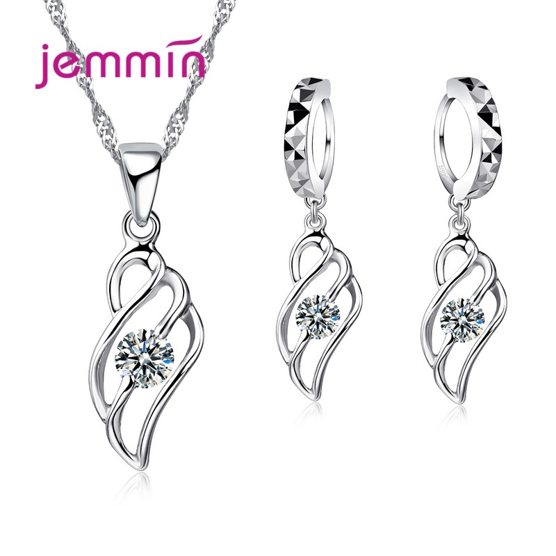 925 Sterling Silver Trendy Crystal Pendant Necklace Earrings Jewelry Set For Women Girls Wedding Engagement Jewelry: WHITE