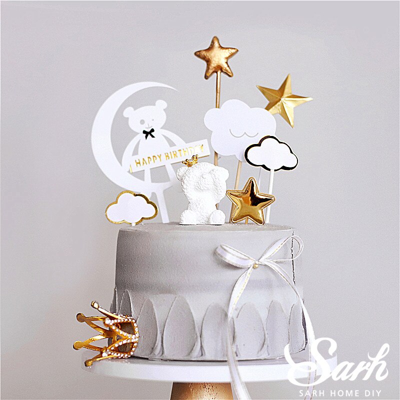 Moon Bow Tie Bear Cake Topper Pink White Crown Bear Decorations Happy Birthday Party for Wedding Baking Supplies Kid Love