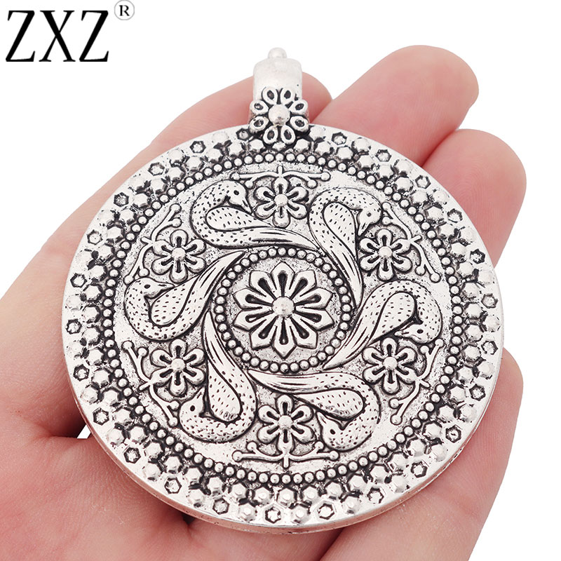 ZXZ 2pcs Tibetan Silver Large Bohemia Boho Medallion Round Charms Pendants for Necklace Jewelry Making Findings 68x60mm