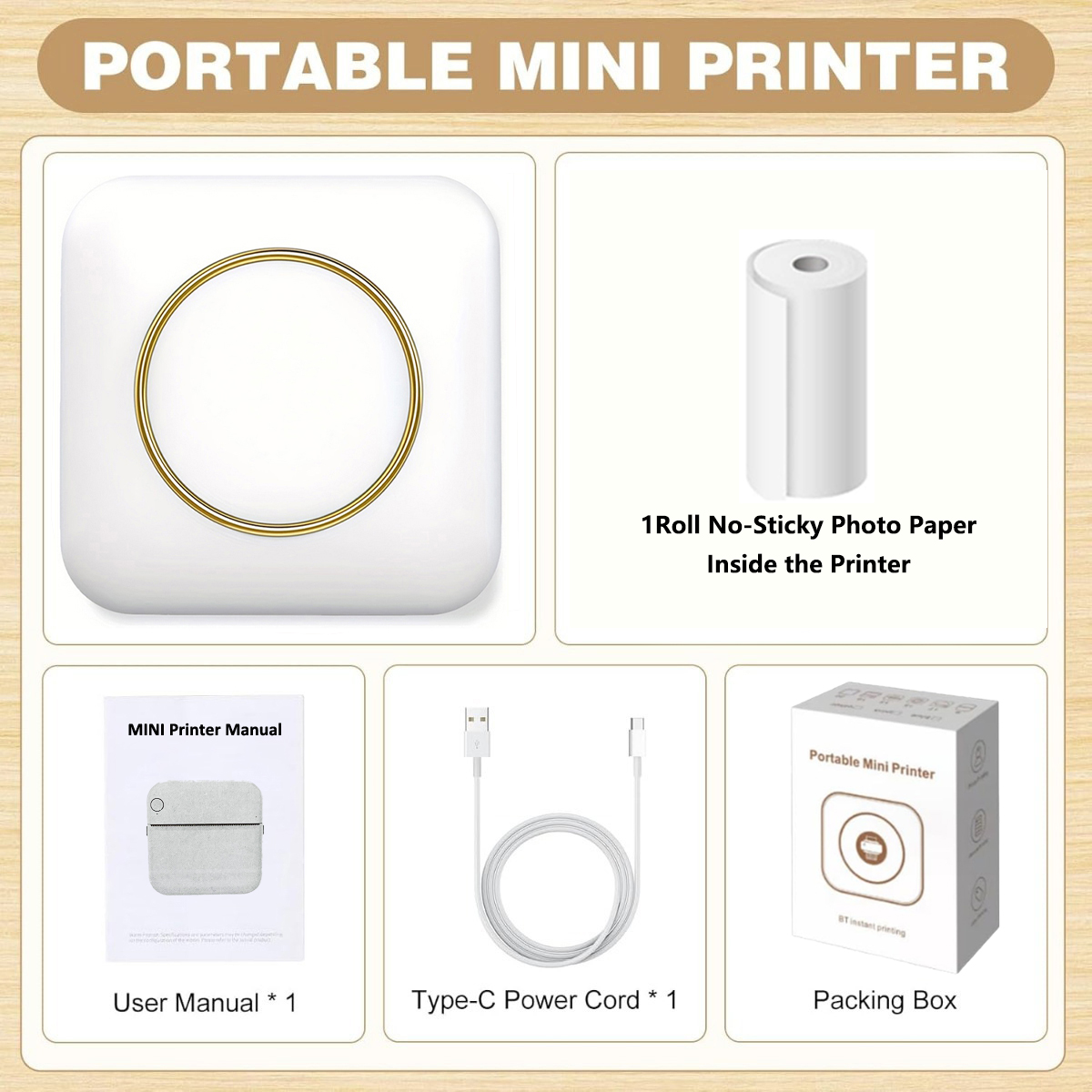 Portable Mini Photo Printer for iPhone/Android - Compact Thermal Printing Device with 1200mAh Battery, Monochrome Prints: WHITE