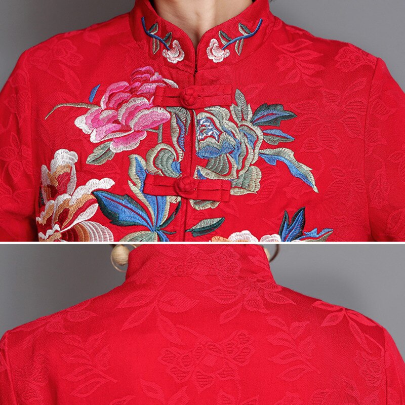 Manteau chinois Harajuku brodé pour femme, Style ethnique noir, , Slim, court, rouge,