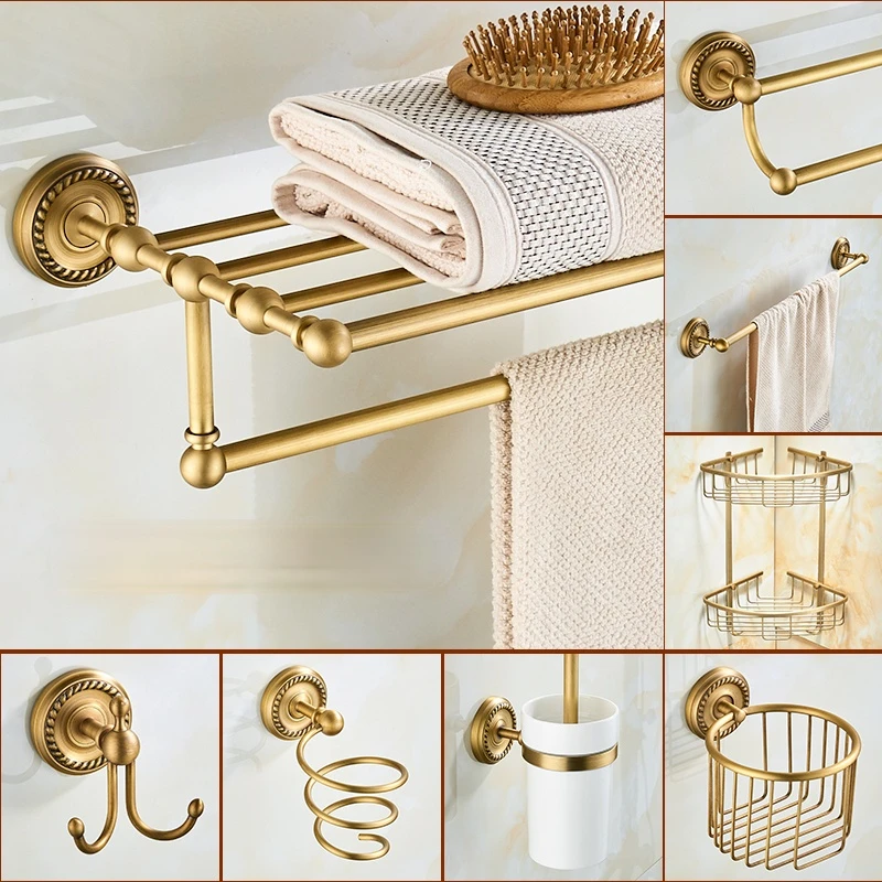 Brass Bathroom Accessories Antique Bath Towel Set Towel Ring Carved Toilet Paper Holder Towel Bar Bathroom Hardware Set