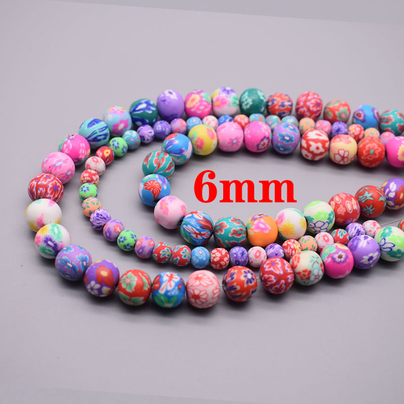 Cuentas de arcilla polimérica de 6/8/10mm, cuentas con estampado de flores, cuentas redondas sueltas para hacer joyería, pulsera DIY: Blanco