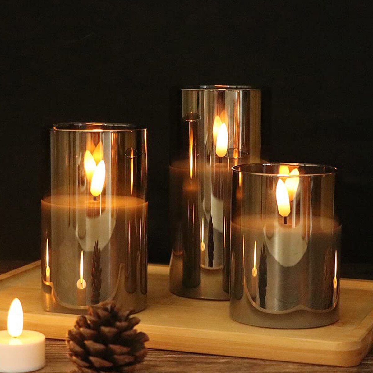 3Pcs Golden Gray Authentic Flame Flickering LED Candle Light Glass Jar Wax Indoor Electronic Remote Control Candle Warm Light