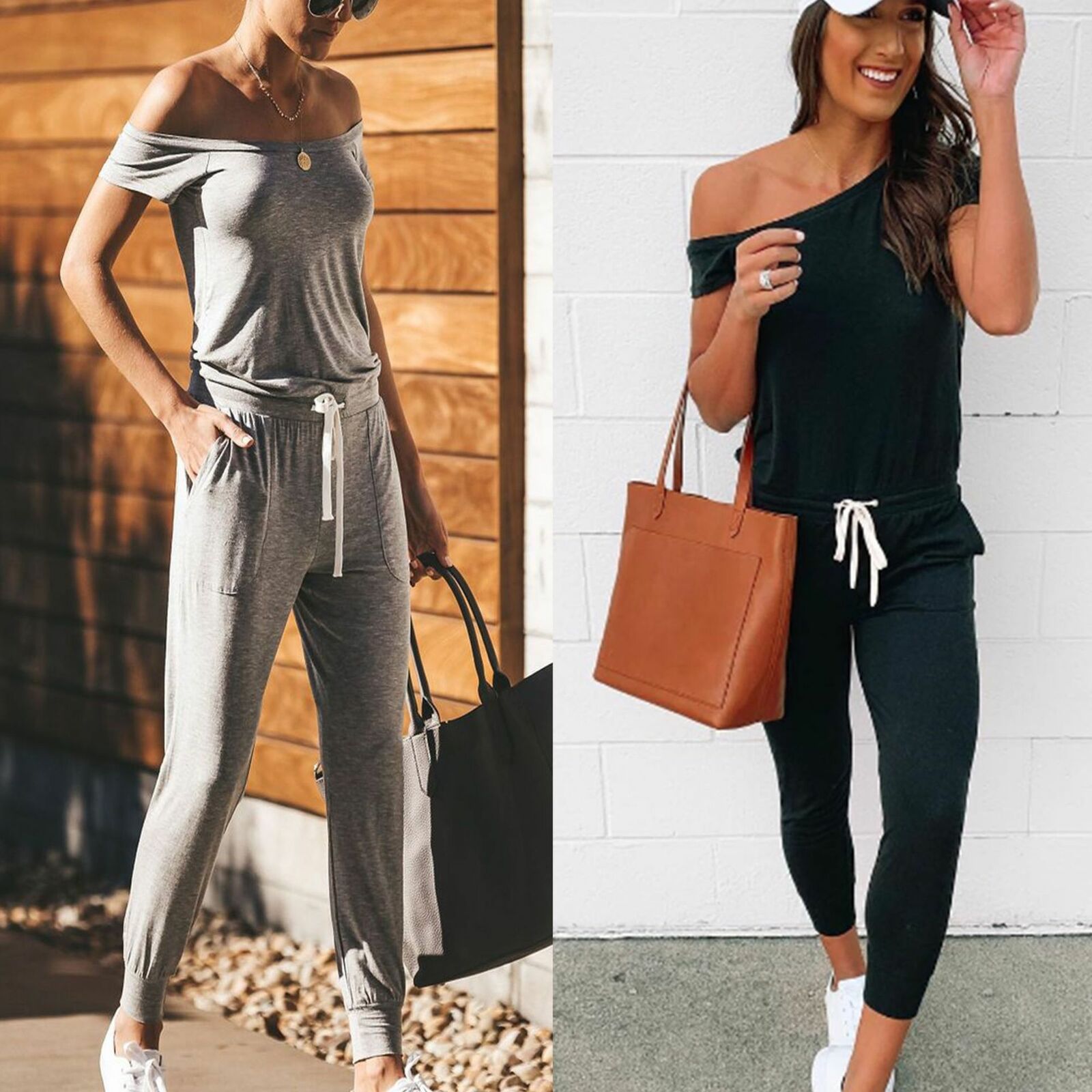Bodycon kortärmad snygg jumpsuit dambyxa off shoulder solid casual lös playsuit dam