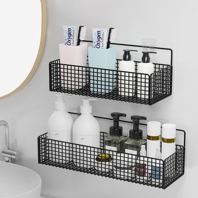 Black Wall-mounted bathroom shelf organizer Shampoo Rack Toilet Accessories Kitchen Free Punch Condiment Storage Basket