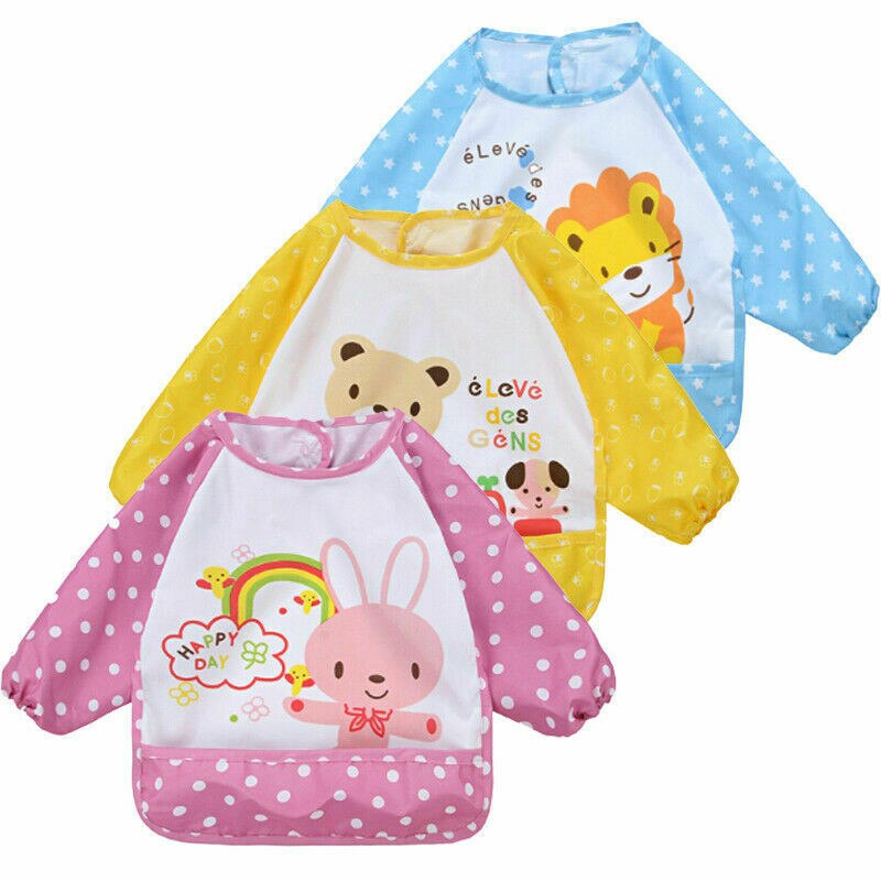 0-3Y Toddler Silicone Bibs Feeding Baby Crumb Catcher Wipeable Waterproof Pocket Long Sleeve Bib Cartoon Paint Play Apron