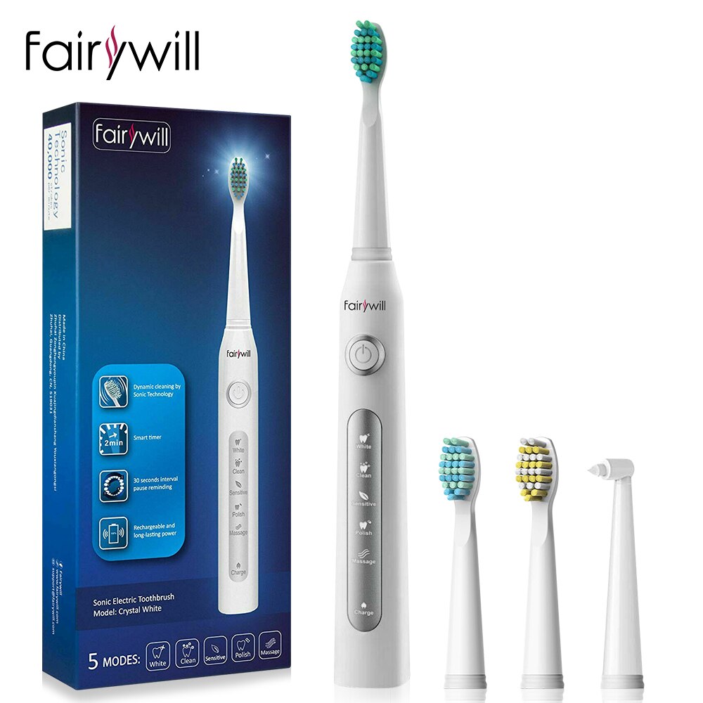 Fairywill Electric Toothbrush FW-507 USB Charger IPX7 Waterproof 5 Mode Sonic Electric Toothbrush Timer Brush with 8 Brush Heads: FW-ET507White