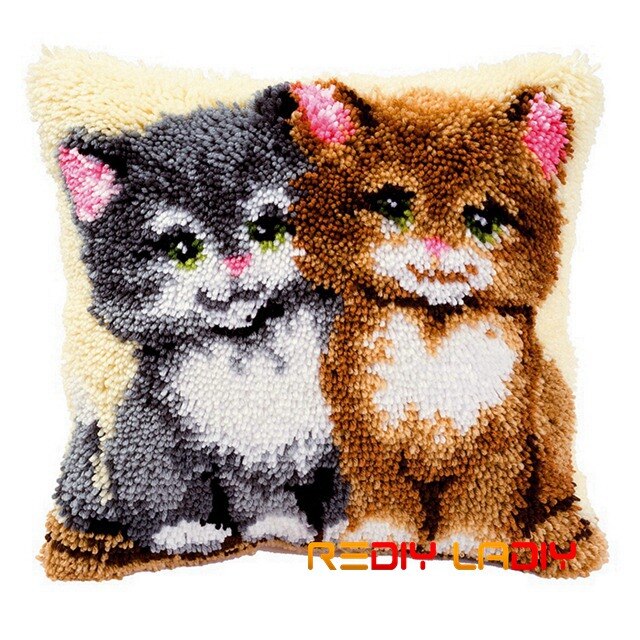 Låsekrok putetrekk katt & blomster hekle garn putetrekk trykt lerret heklet kunst og håndverk 43 x 43cm sovesofa pute: Bz741