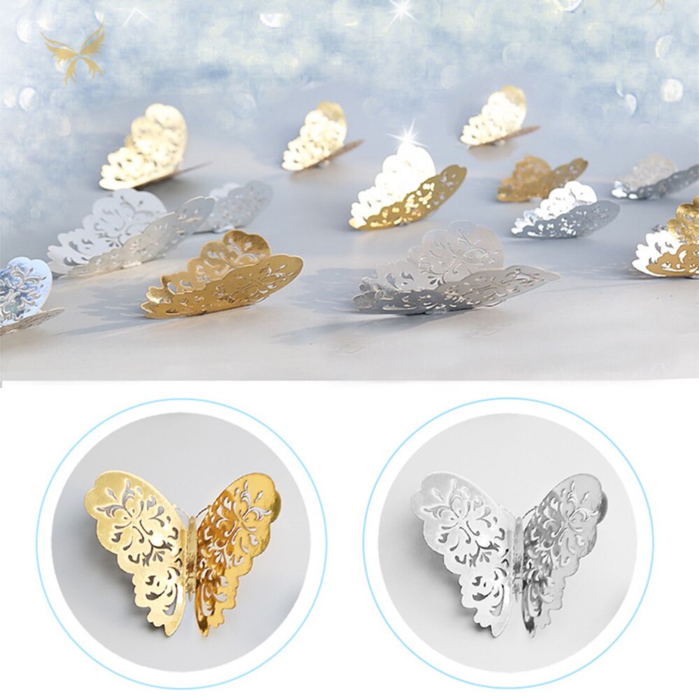 12 pièces 3D creux papillon autocollant mural or argent peinture papier collant papillon autocollants maison Stickers muraux décoration directe